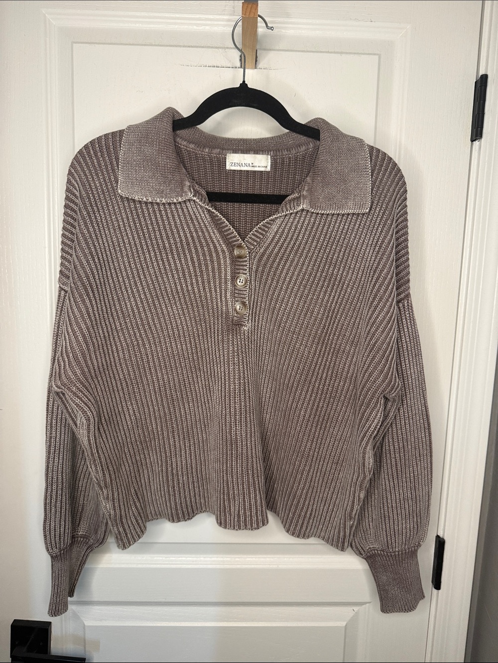 Zenana Outfitters Taupe Ribbed Collared V-Neck Sweater
